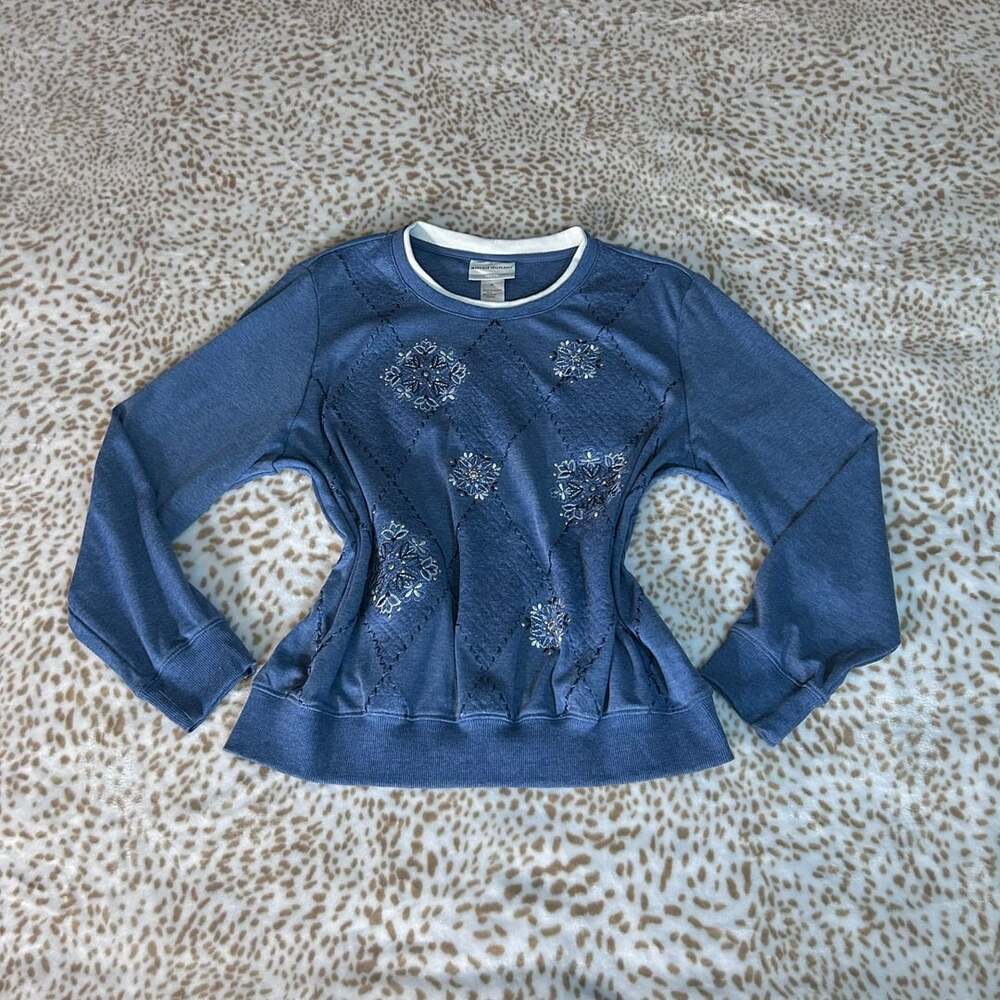 Alfred Dunner Sweatshirt Size PL Blue Embroidered Snowflake Diamond